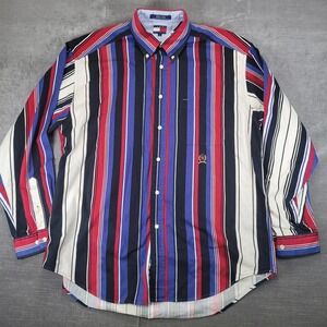 Tommy Hilfiger Mens Large Vintage 90s Vertical Stripe Button Down Shirt Red Blue